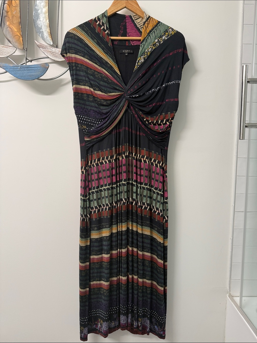 Etro Black Maxi Dress with Burgundy, Green & Yellow Stripes